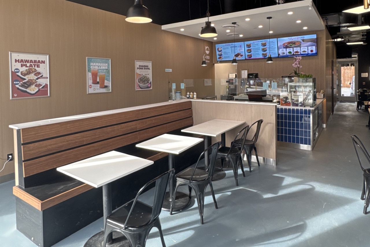 Ono Poke & Grill kiosk inside Mayfair Shopping Centre in Victoria BC with signature blue tile counter